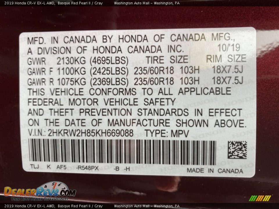 2019 Honda CR-V EX-L AWD Basque Red Pearl II / Gray Photo #9