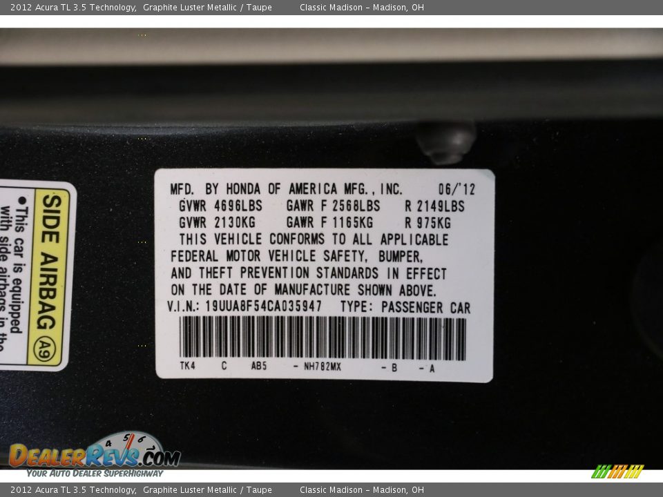 2012 Acura TL 3.5 Technology Graphite Luster Metallic / Taupe Photo #22