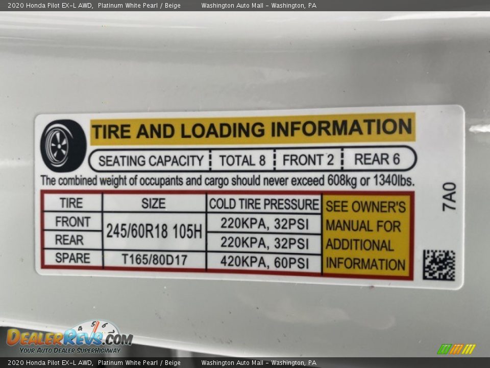 2020 Honda Pilot EX-L AWD Platinum White Pearl / Beige Photo #8