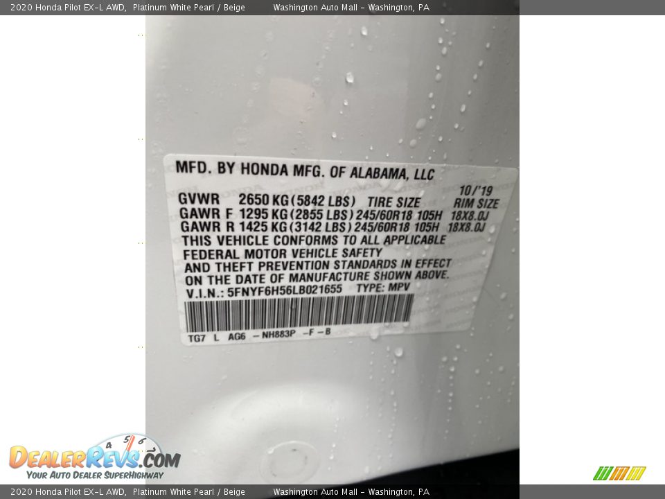 2020 Honda Pilot EX-L AWD Platinum White Pearl / Beige Photo #9