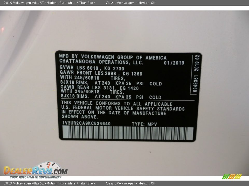 2019 Volkswagen Atlas SE 4Motion Pure White / Titan Black Photo #22
