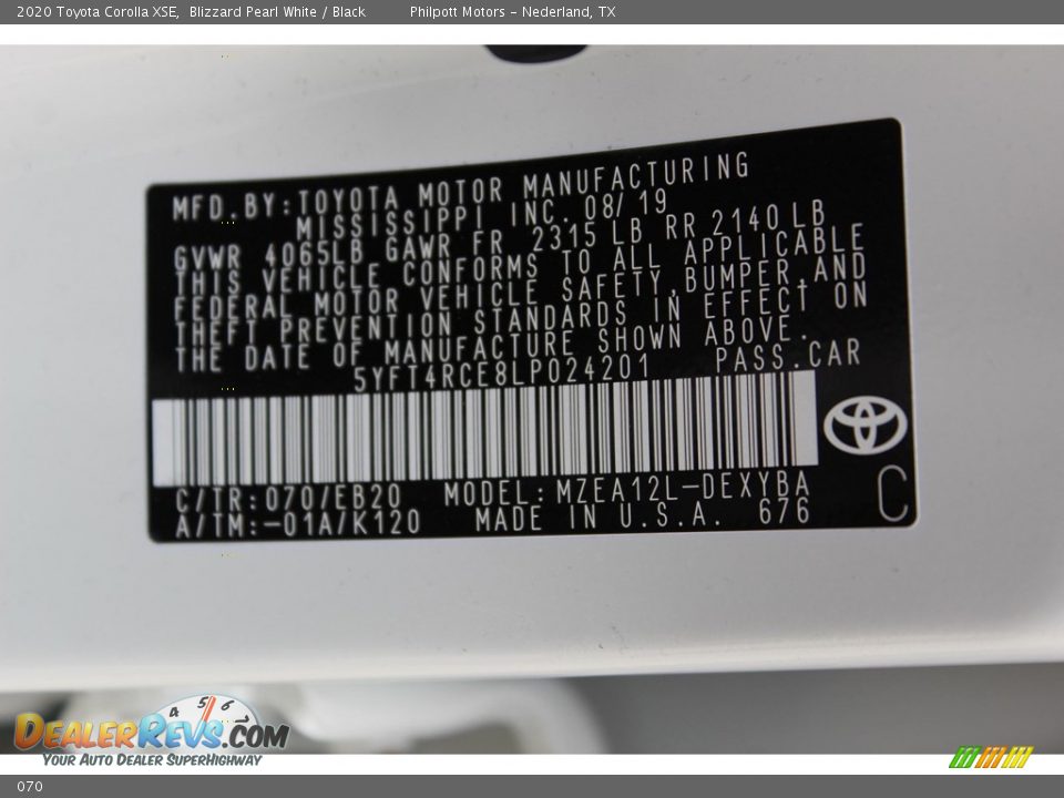 Toyota Color Code 070 Blizzard Pearl White