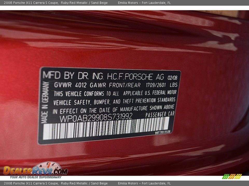 Info Tag of 2008 Porsche 911 Carrera S Coupe Photo #37