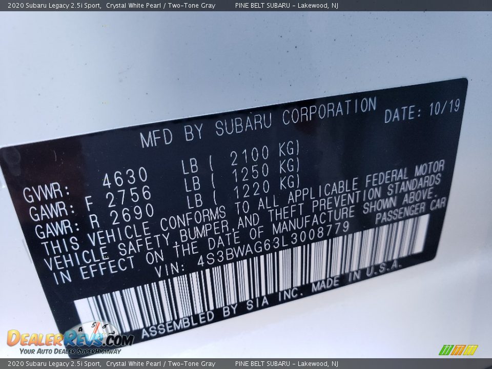 2020 Subaru Legacy 2.5i Sport Crystal White Pearl / Two-Tone Gray Photo #10