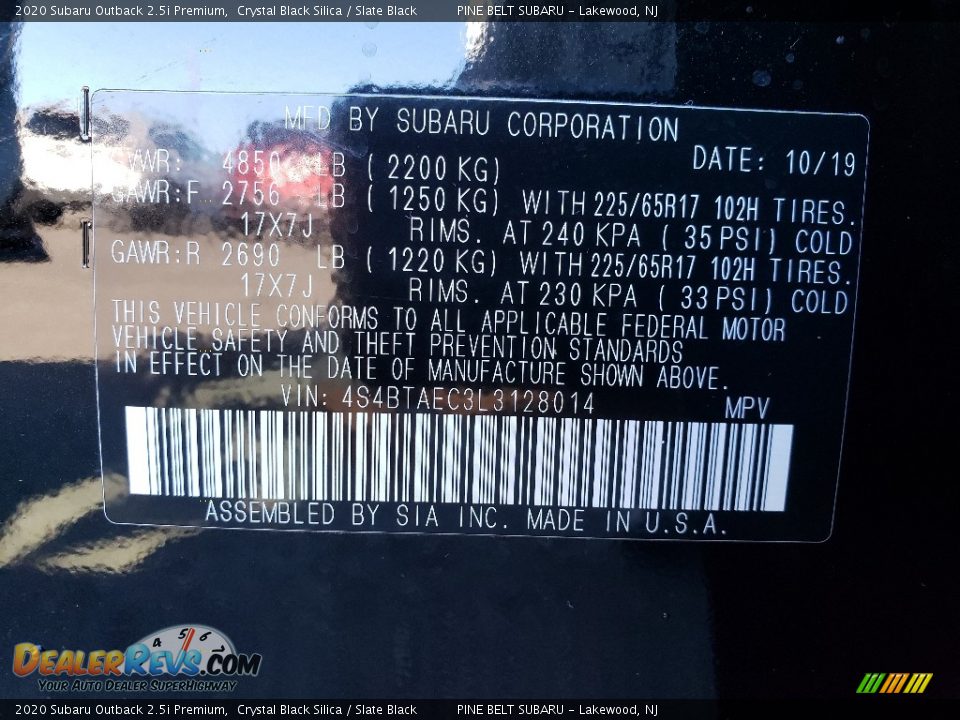 2020 Subaru Outback 2.5i Premium Crystal Black Silica / Slate Black Photo #10