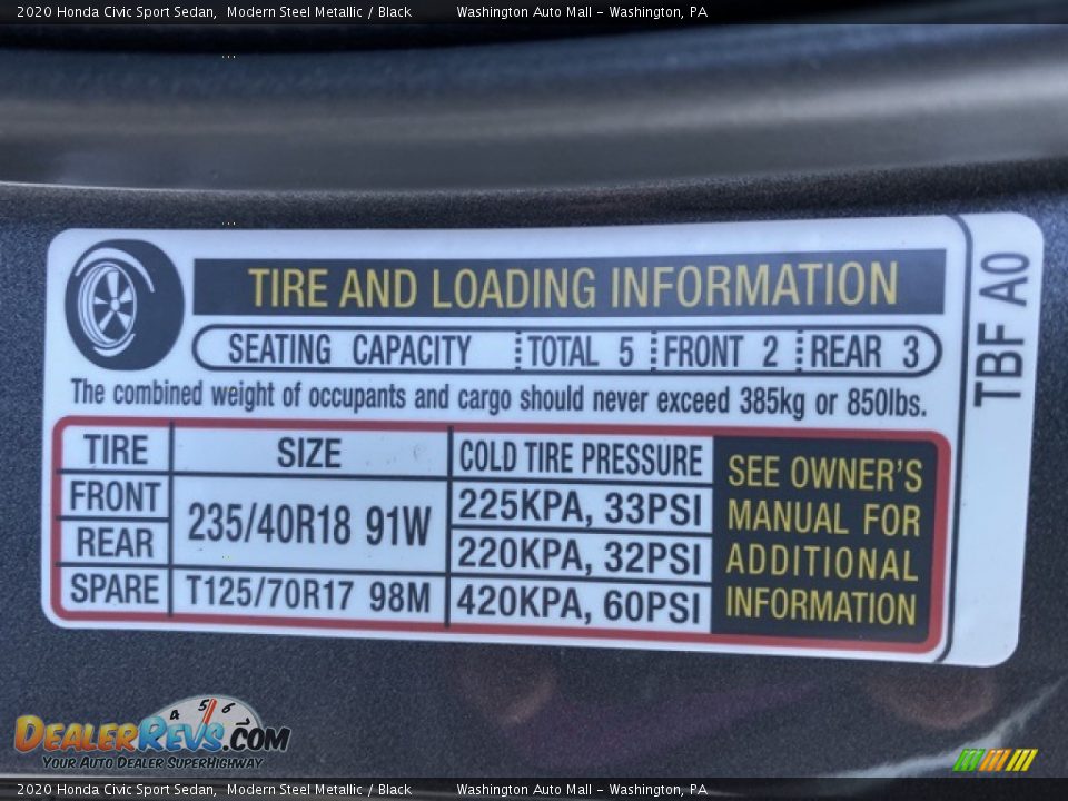 Info Tag of 2020 Honda Civic Sport Sedan Photo #8