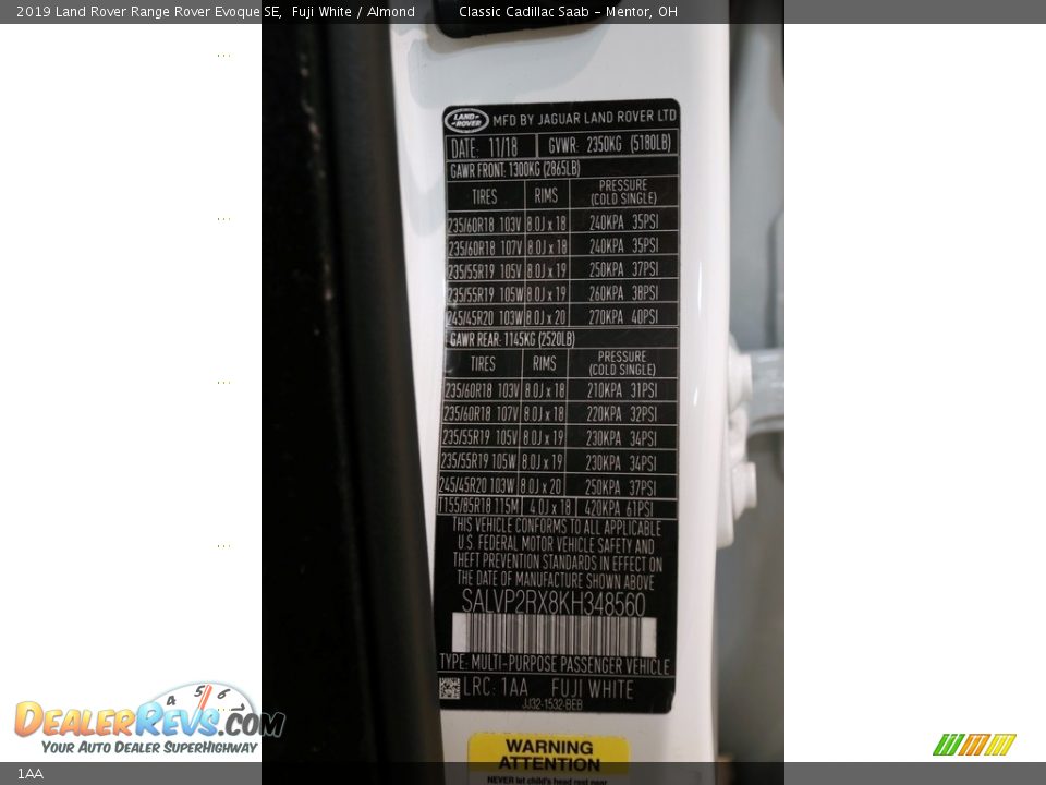 Land Rover Color Code 1AA Fuji White