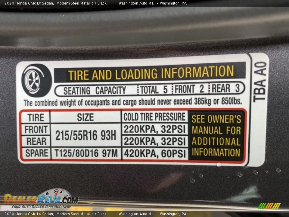 Info Tag of 2020 Honda Civic LX Sedan Photo #8