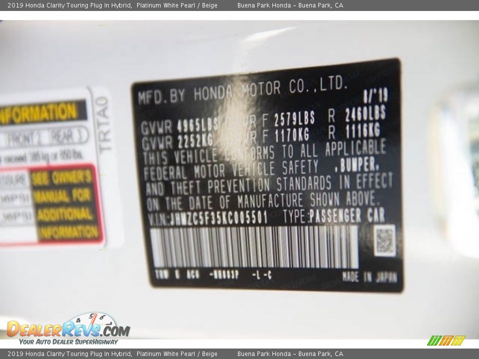 2019 Honda Clarity Touring Plug In Hybrid Platinum White Pearl / Beige Photo #32
