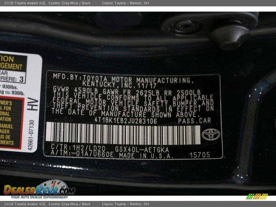 2018 Toyota Avalon XLE Cosmic Gray Mica / Black Photo #21