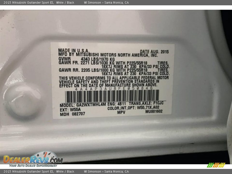 2015 Mitsubishi Outlander Sport ES White / Black Photo #23