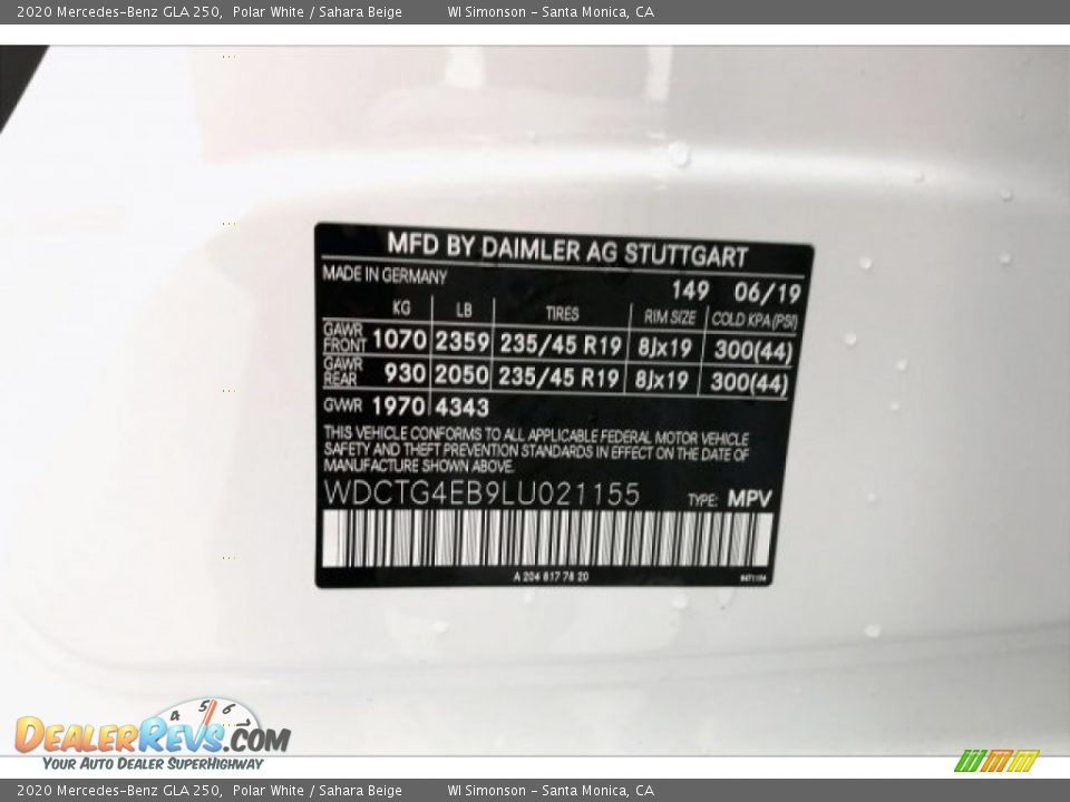2020 Mercedes-Benz GLA 250 Polar White / Sahara Beige Photo #11