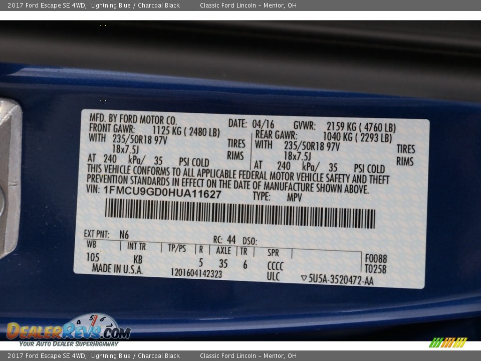 2017 Ford Escape SE 4WD Lightning Blue / Charcoal Black Photo #21