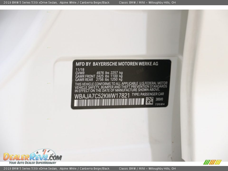 2019 BMW 5 Series 530i xDrive Sedan Alpine White / Canberra Beige/Black Photo #22