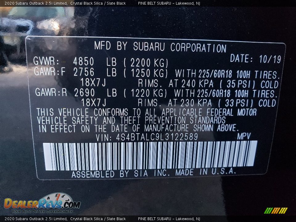 2020 Subaru Outback 2.5i Limited Crystal Black Silica / Slate Black Photo #10
