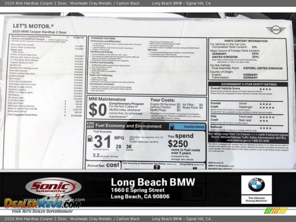 2020 Mini Hardtop Cooper 2 Door Moonwalk Gray Metallic / Carbon Black Photo #10