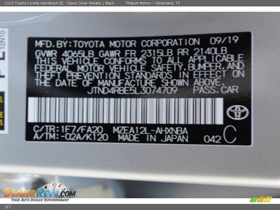 Toyota Color Code 1F7 Classic Silver Metallic