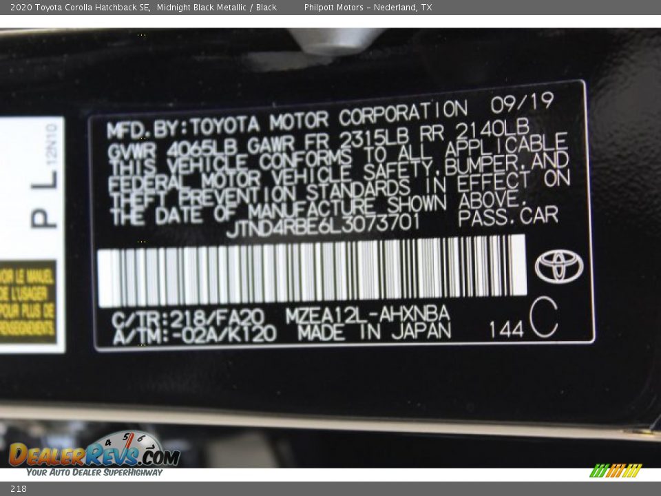 Toyota Color Code 218 Midnight Black Metallic