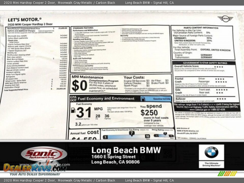 2020 Mini Hardtop Cooper 2 Door Moonwalk Gray Metallic / Carbon Black Photo #10