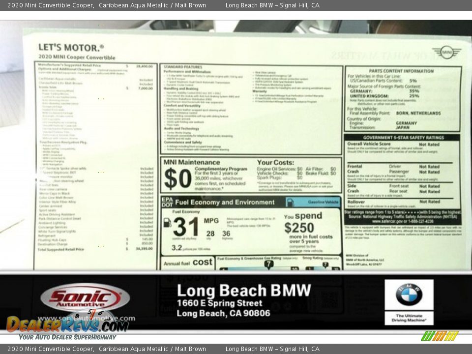 2020 Mini Convertible Cooper Caribbean Aqua Metallic / Malt Brown Photo #10