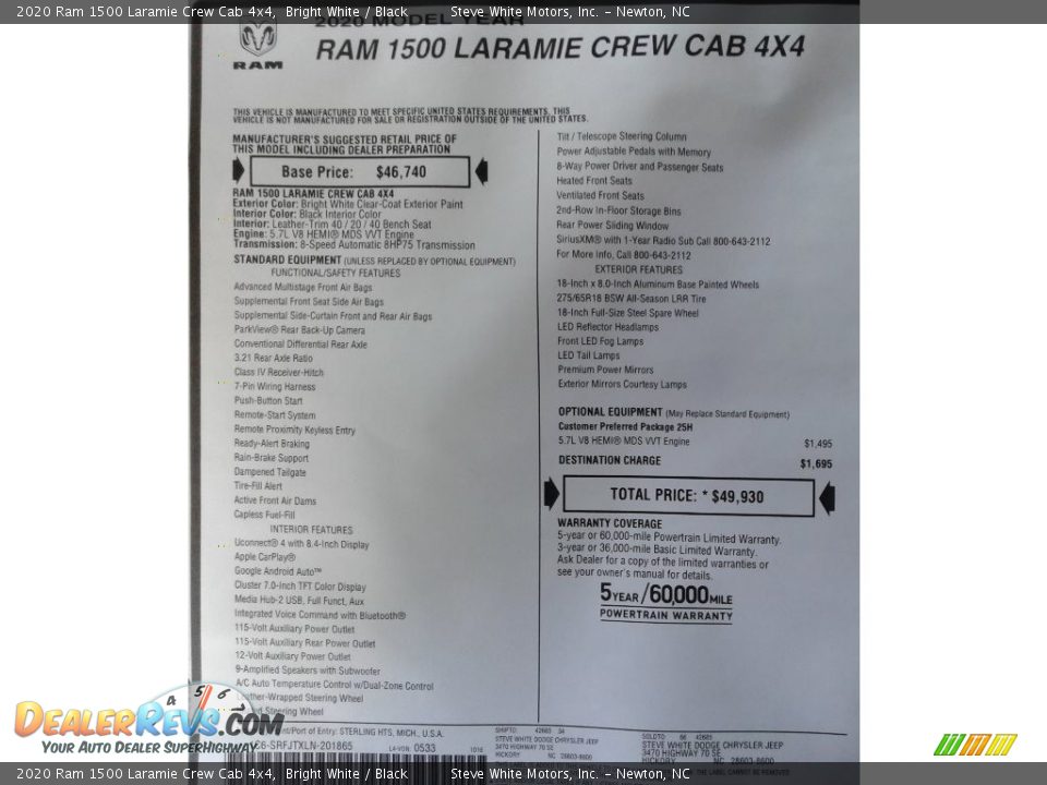 2020 Ram 1500 Laramie Crew Cab 4x4 Bright White / Black Photo #34
