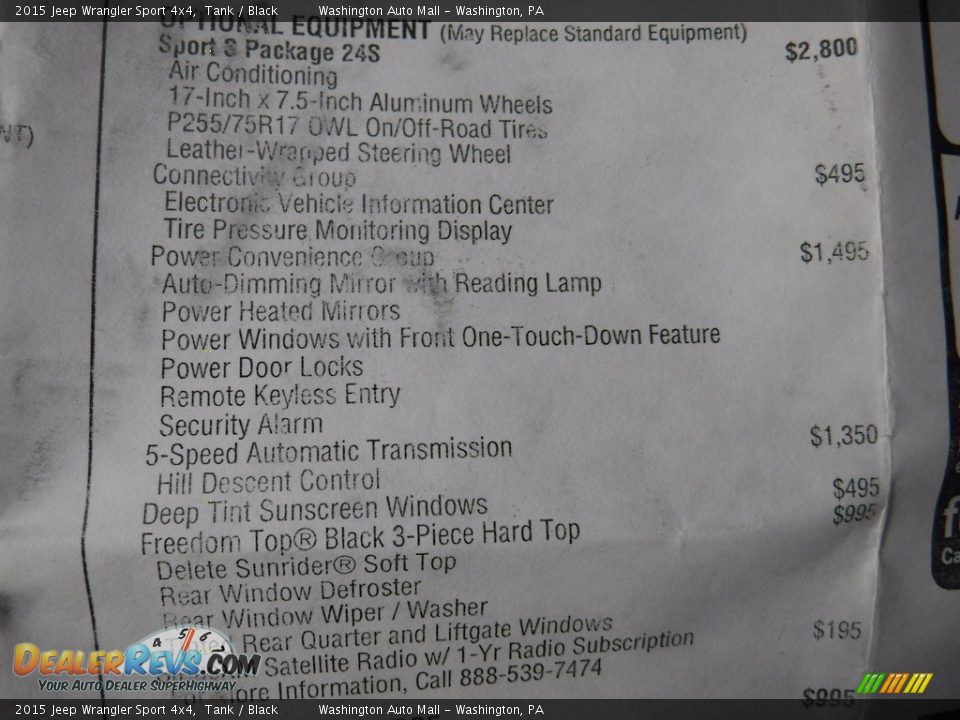 2015 Jeep Wrangler Sport 4x4 Tank / Black Photo #26