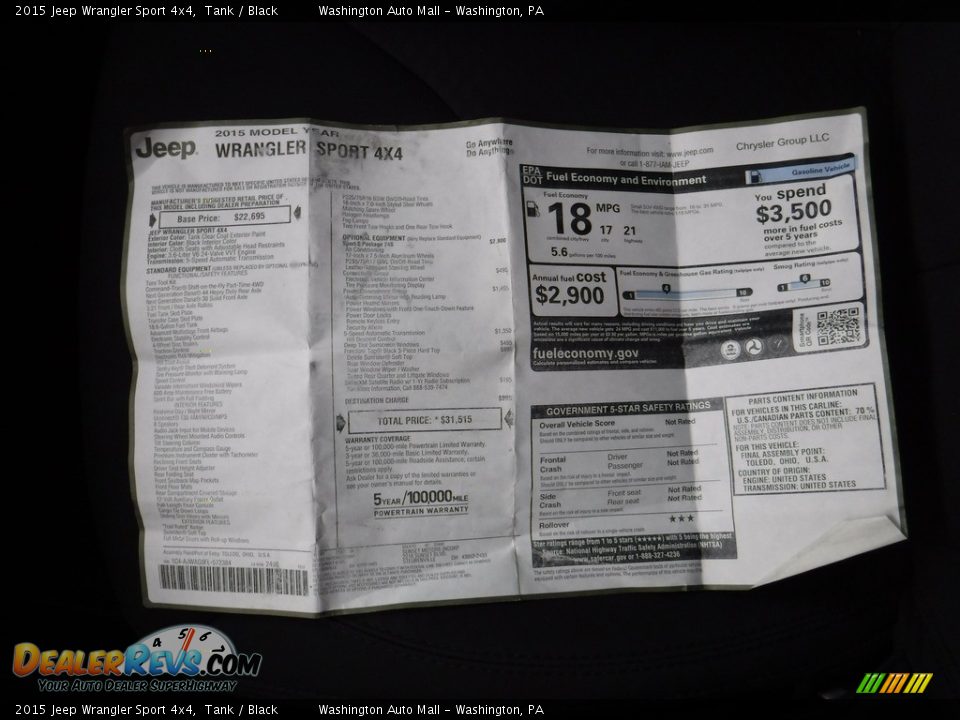2015 Jeep Wrangler Sport 4x4 Tank / Black Photo #27