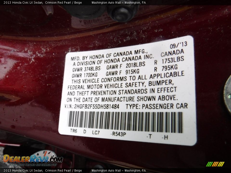 2013 Honda Civic LX Sedan Crimson Red Pearl / Beige Photo #24