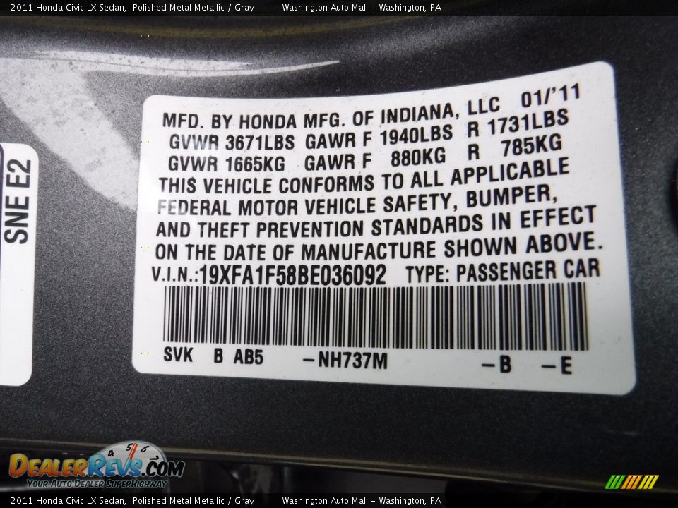 2011 Honda Civic LX Sedan Polished Metal Metallic / Gray Photo #22