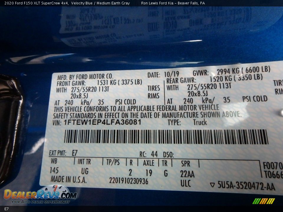 Ford Color Code E7 Velocity Blue