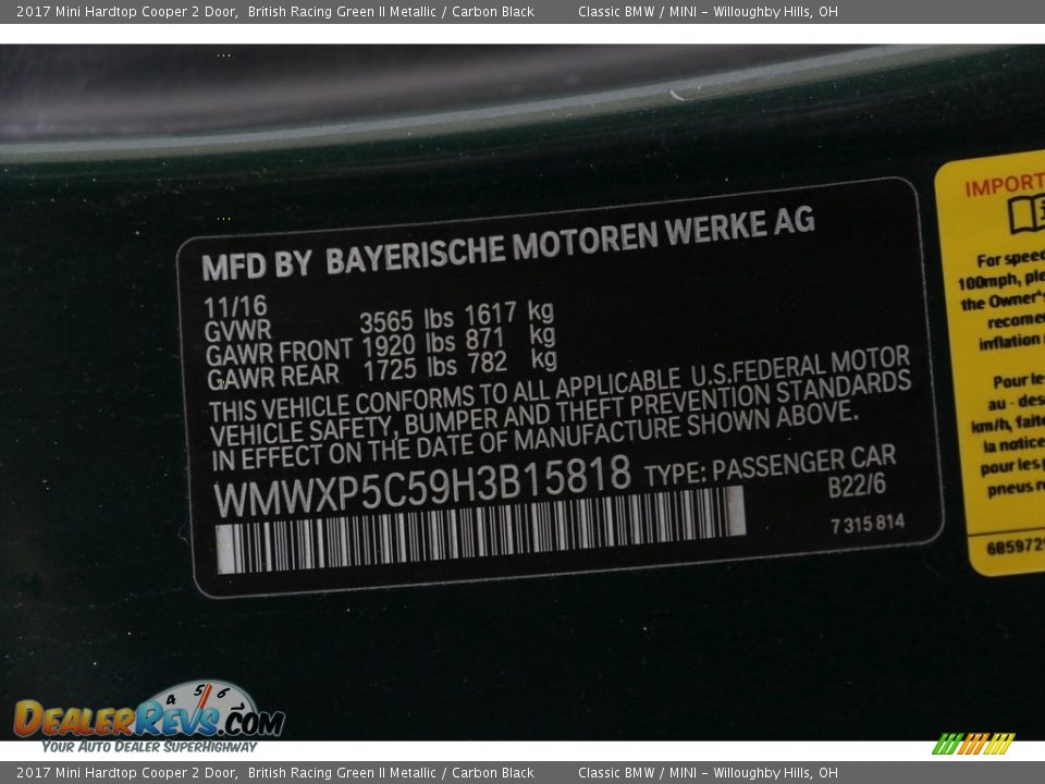 2017 Mini Hardtop Cooper 2 Door British Racing Green II Metallic / Carbon Black Photo #26
