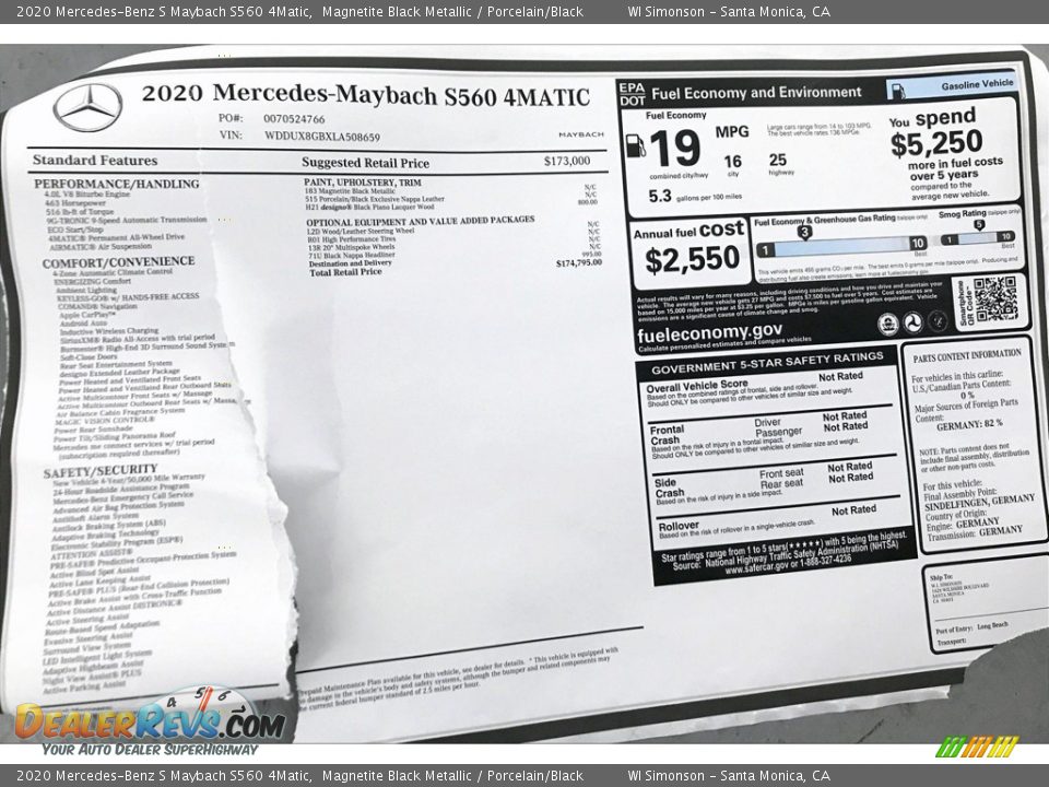 2020 Mercedes-Benz S Maybach S560 4Matic Window Sticker Photo #11