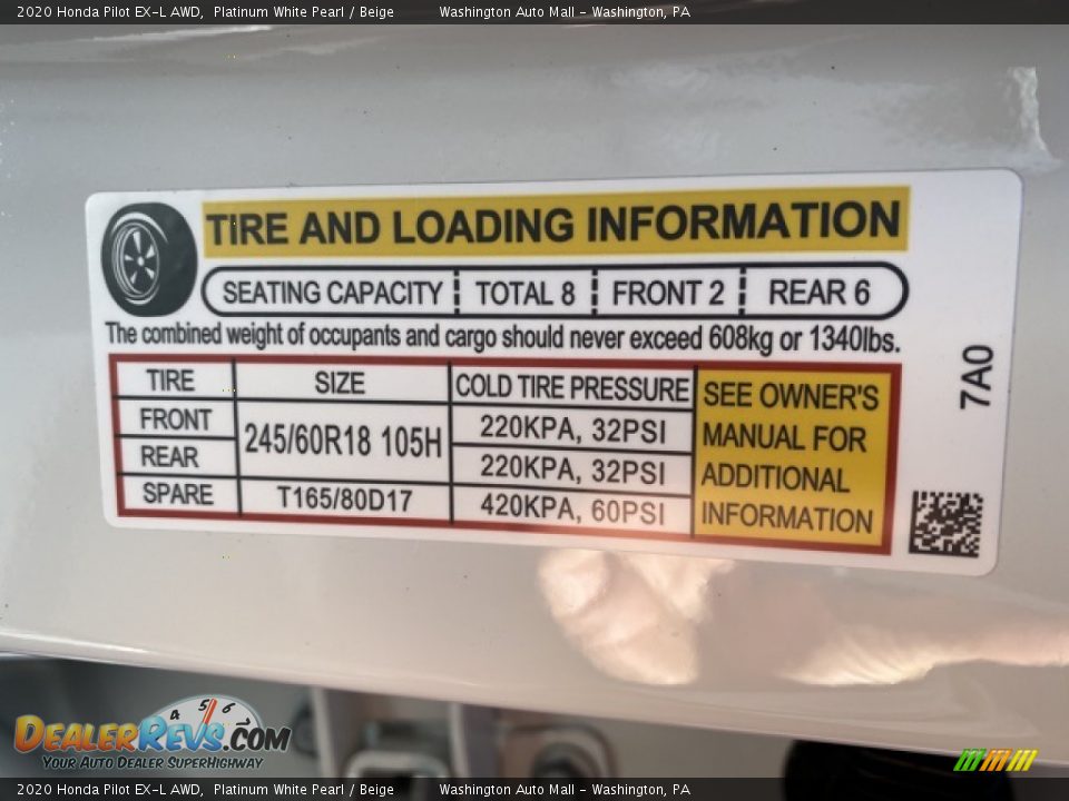 2020 Honda Pilot EX-L AWD Platinum White Pearl / Beige Photo #8