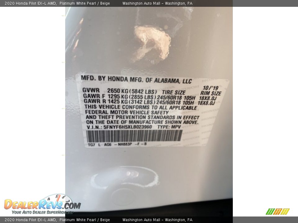 2020 Honda Pilot EX-L AWD Platinum White Pearl / Beige Photo #9