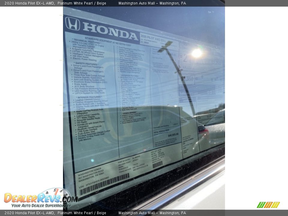 2020 Honda Pilot EX-L AWD Platinum White Pearl / Beige Photo #15