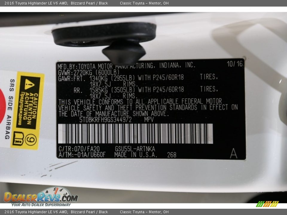 2016 Toyota Highlander LE V6 AWD Blizzard Pearl / Black Photo #21