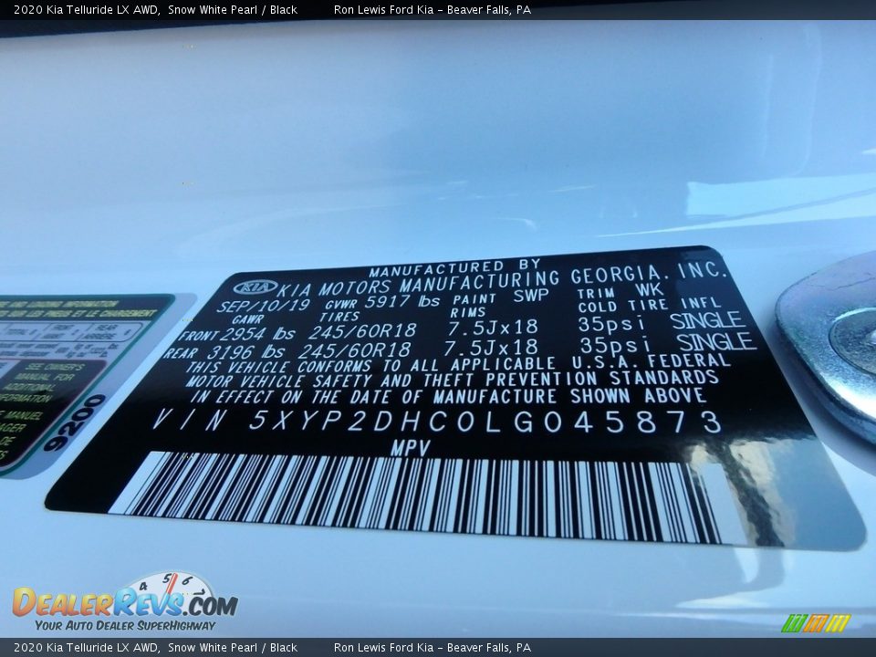 2020 Kia Telluride LX AWD Snow White Pearl / Black Photo #11