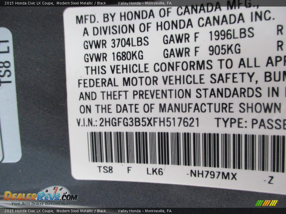 2015 Honda Civic LX Coupe Modern Steel Metallic / Black Photo #20