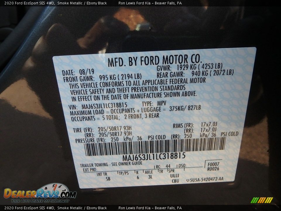 2020 Ford EcoSport SES 4WD Smoke Metallic / Ebony Black Photo #13