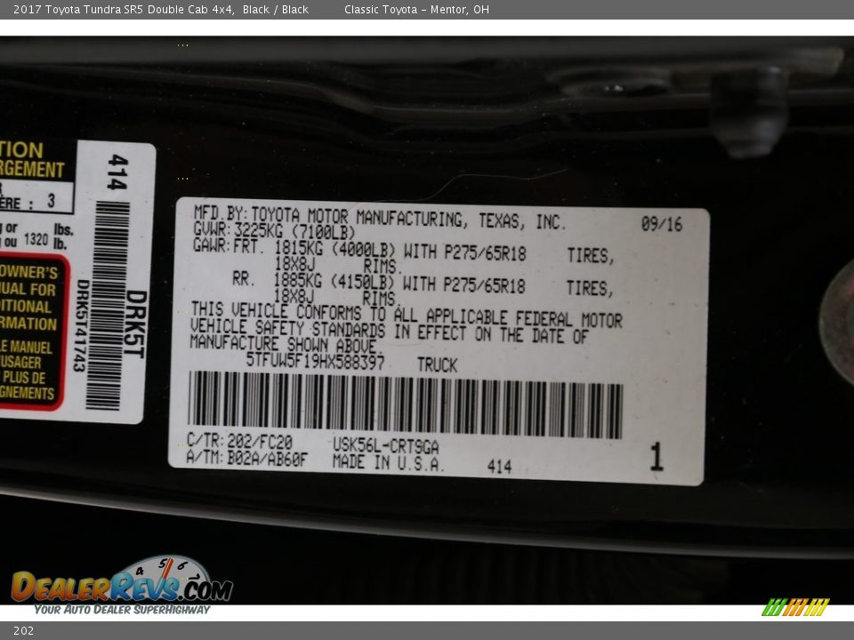 Toyota Color Code 202 Black