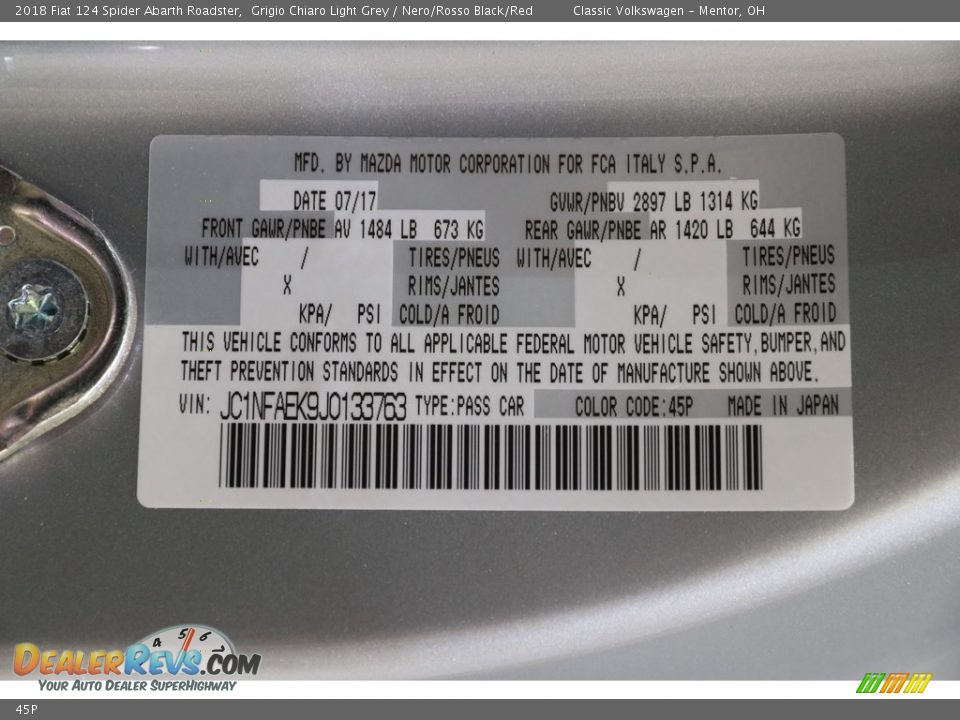 Fiat Color Code 45P Grigio Chiaro Light Grey