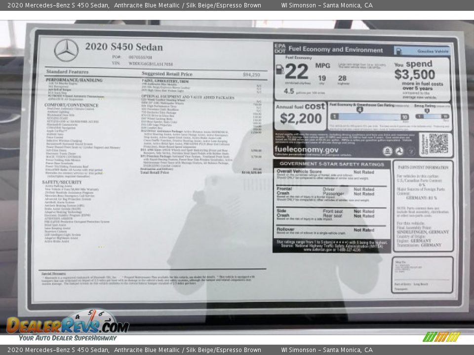 2020 Mercedes-Benz S 450 Sedan Anthracite Blue Metallic / Silk Beige/Espresso Brown Photo #10