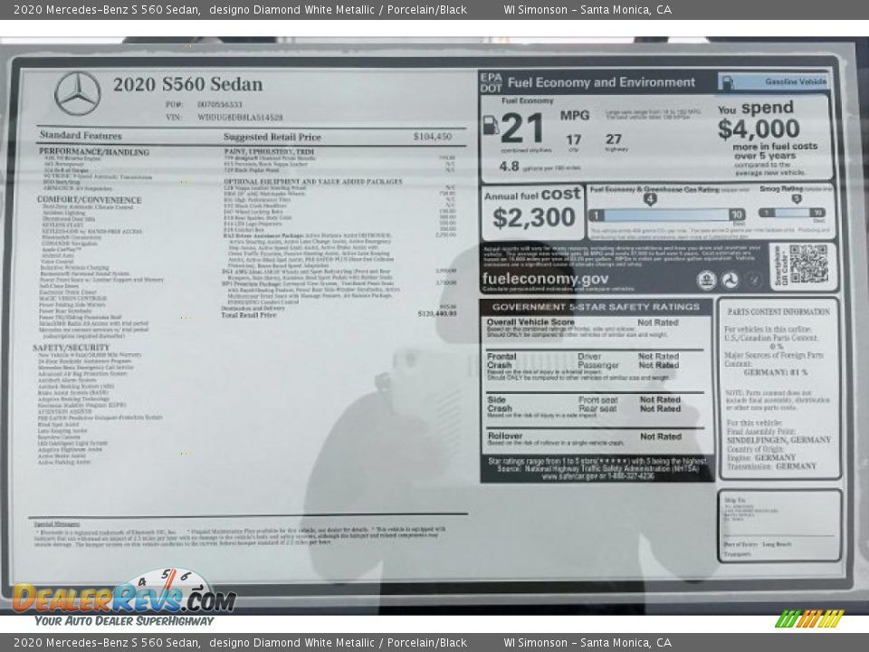 2020 Mercedes-Benz S 560 Sedan designo Diamond White Metallic / Porcelain/Black Photo #10