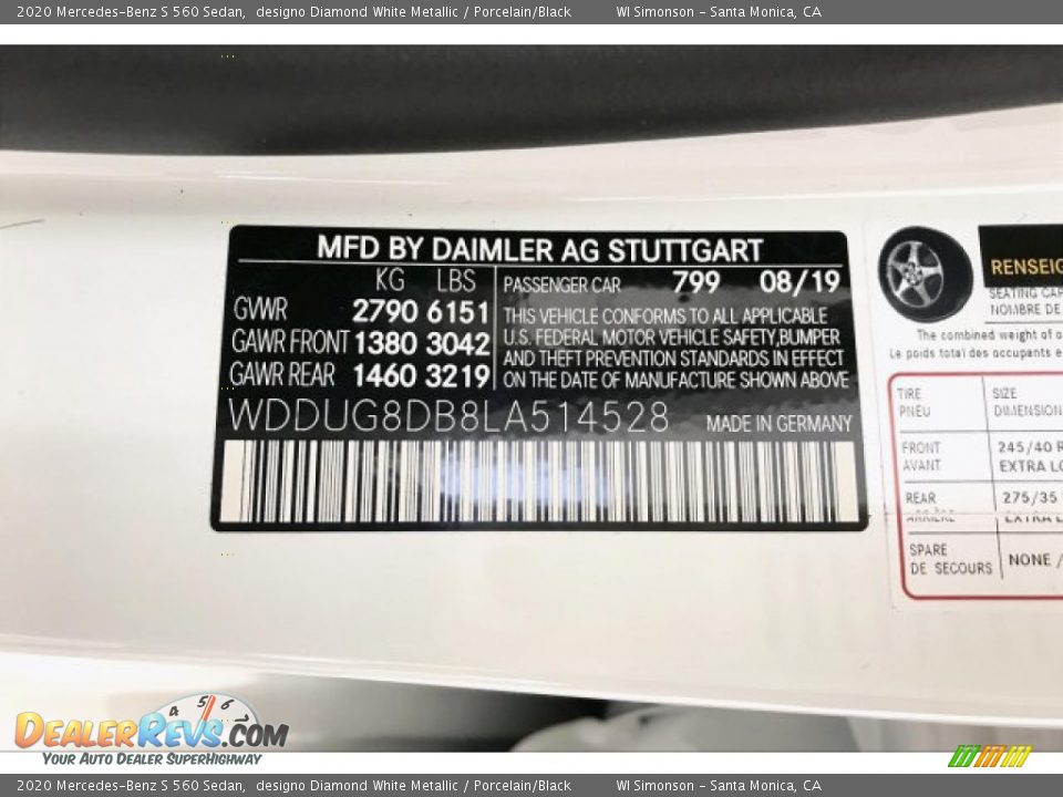 2020 Mercedes-Benz S 560 Sedan designo Diamond White Metallic / Porcelain/Black Photo #11