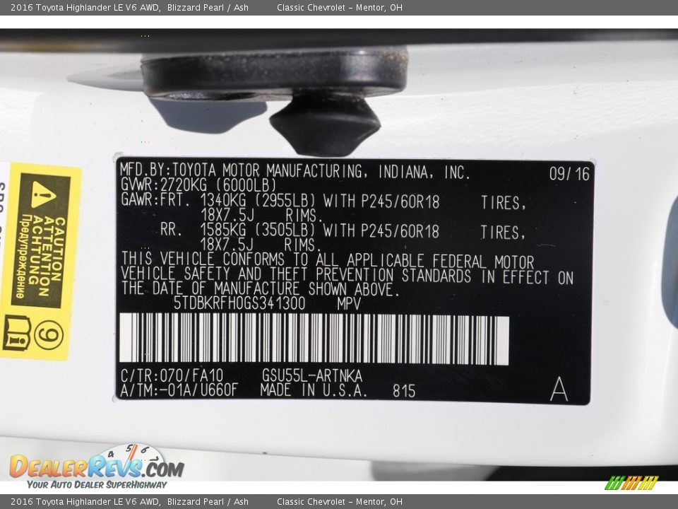 2016 Toyota Highlander LE V6 AWD Blizzard Pearl / Ash Photo #21