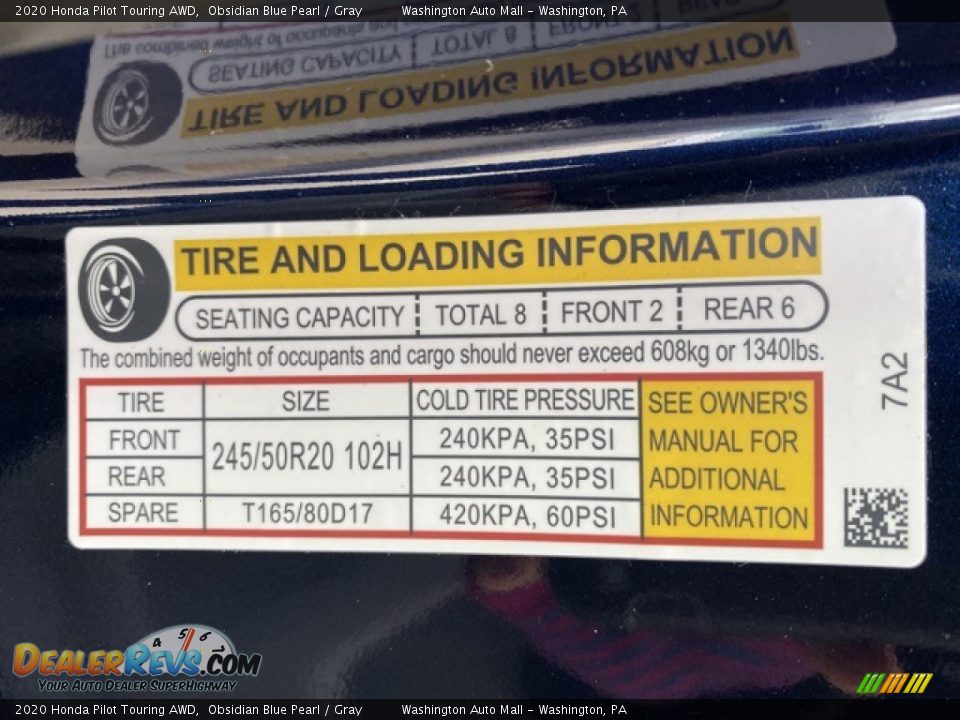 Info Tag of 2020 Honda Pilot Touring AWD Photo #8