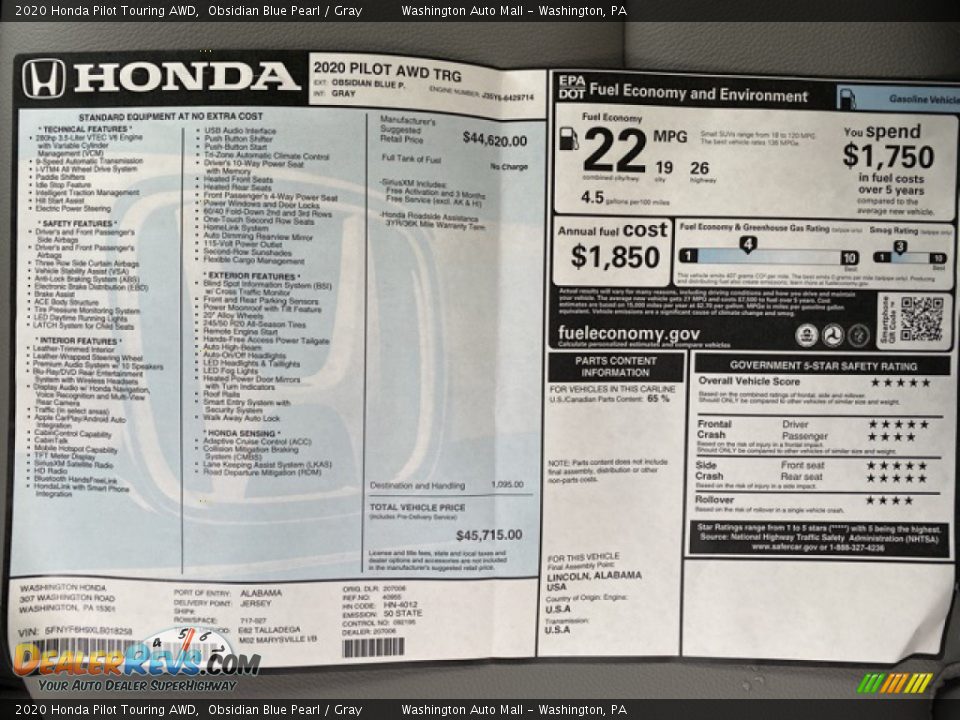 2020 Honda Pilot Touring AWD Window Sticker Photo #9