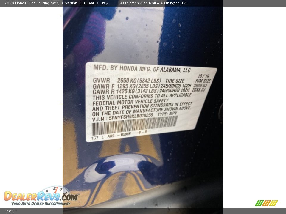 Honda Color Code B588P Obsidian Blue Pearl