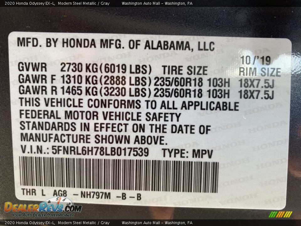 2020 Honda Odyssey EX-L Modern Steel Metallic / Gray Photo #9