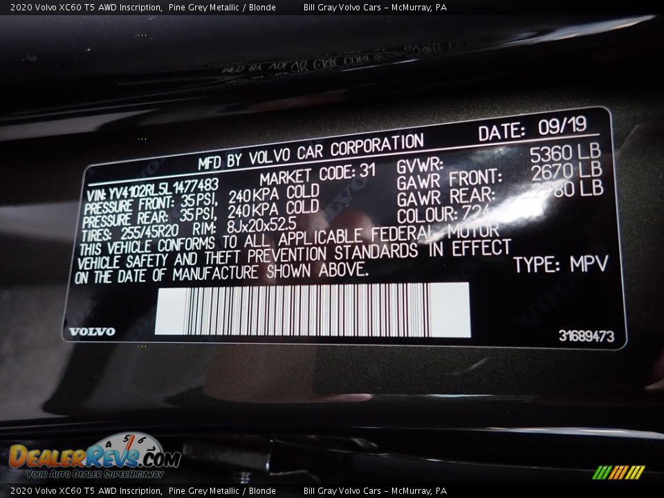 2020 Volvo XC60 T5 AWD Inscription Pine Grey Metallic / Blonde Photo #14